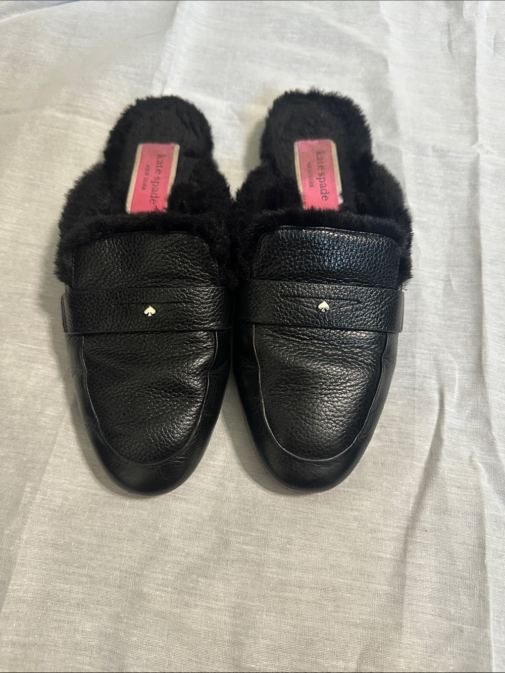 kate spade Black Leather Fur-Trim Slip-On Loafers Womens 7.5